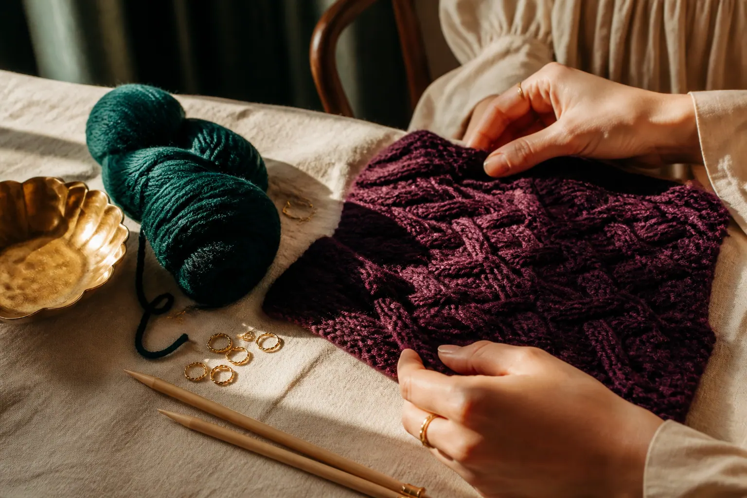 Plum cable-knit swatch with forest yarn and gold markers