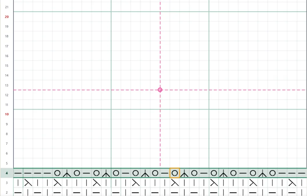 Knitting mode in the KnitLab application with the current row and stitch highlighted