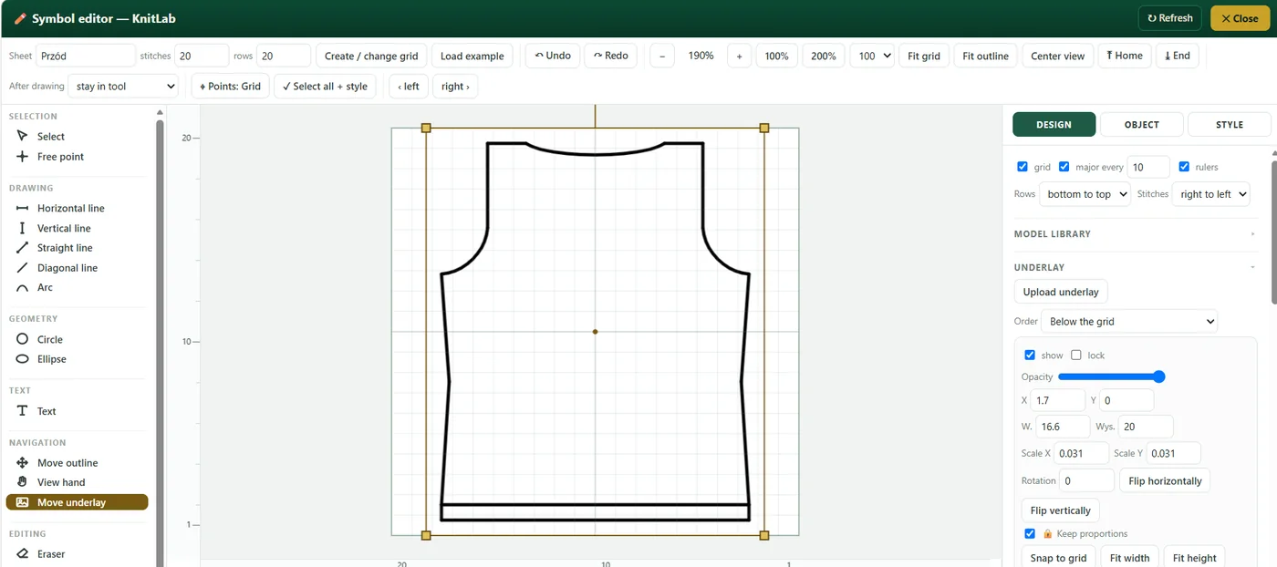 Linear chart editor in the KnitLab application